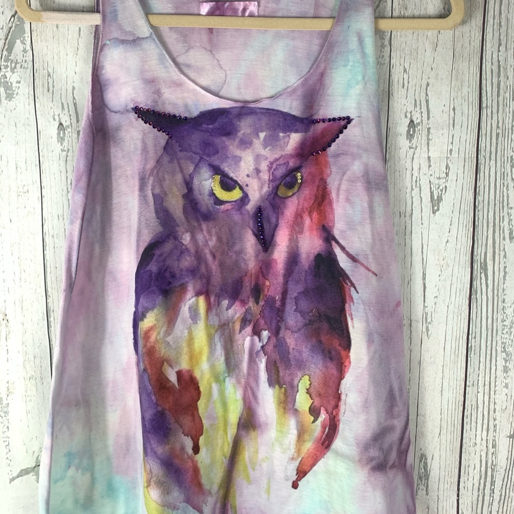 Swarovski crystal tye dye owl distressed tank